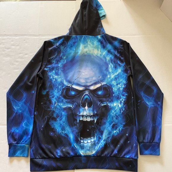 Blue Black Mens Pullover Hoodie Flaming Fanged Skull Graphic Front and Back - Picture 2 of 7